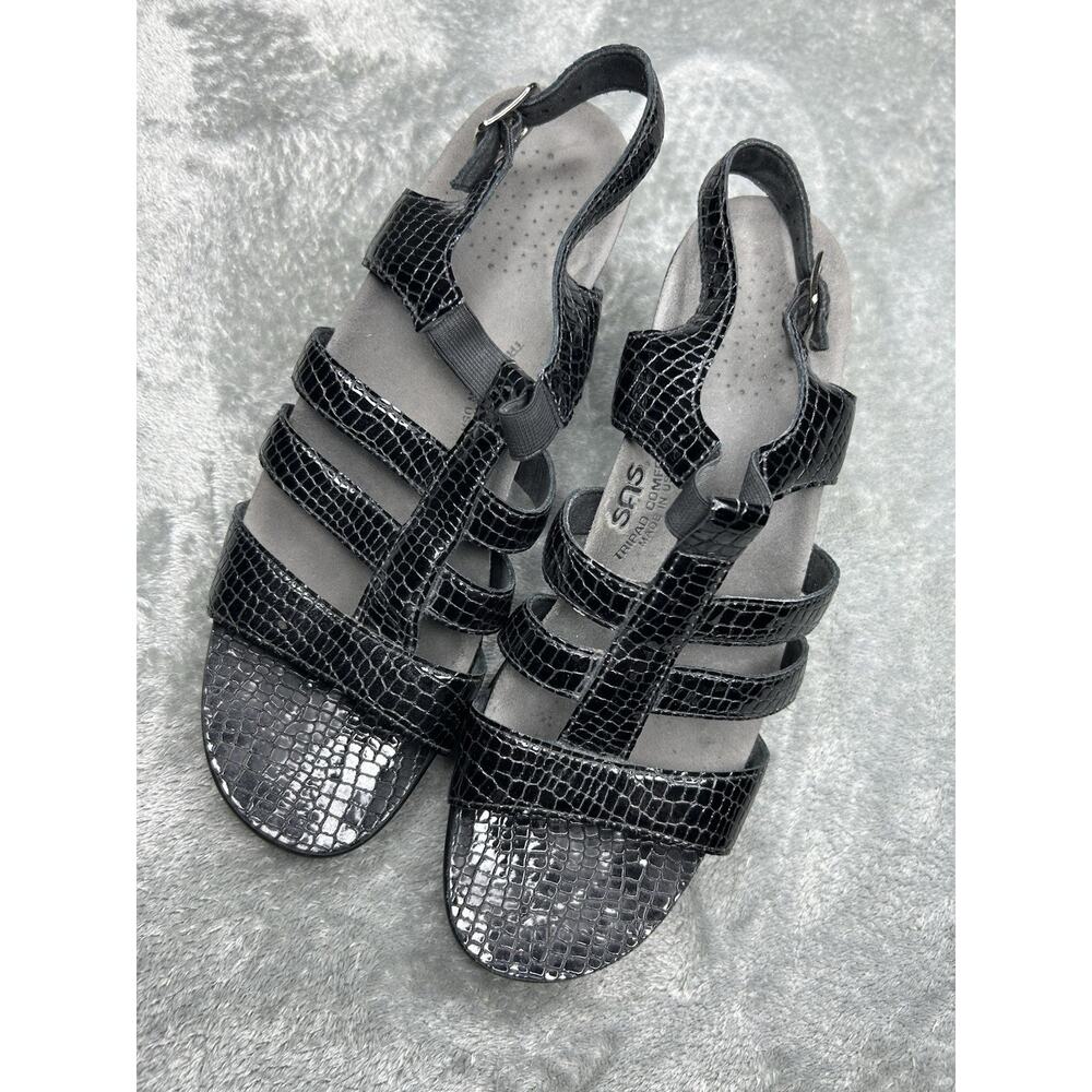 SAS‎ Allegro Sandals Strappy Slingback Heels Black Croc Print Womens Size 9.5